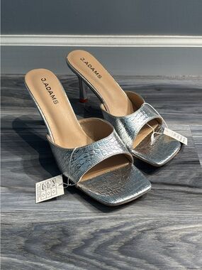 Adams Silver Croc-Embossed Open-Toe Heels